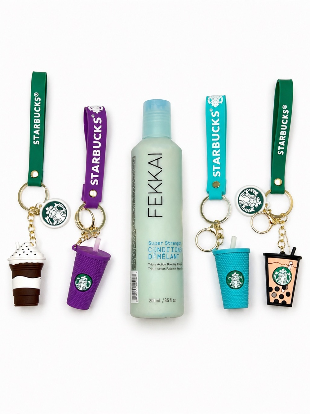 FEKKAI Conditioner + 4 Novelty Coffee Cup Keychains Gift Bundle